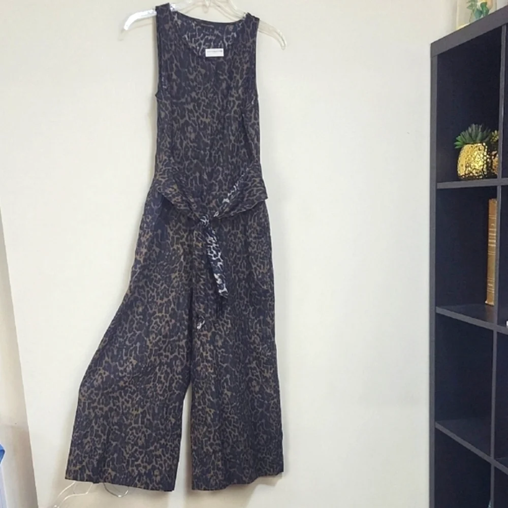 Banana Republic Black Brown Linen Blend Leopard Print Pocket Tie Waist Jumpsuit